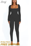 Women Yoga Jumpsuits Square Neck Long Sleeve Ribbed Jumpsuits High Waist Bodycon Sport Workout Long