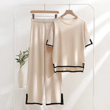 Simple Splicing Loose Short-Sleeved Sweater Top High Waist Thin Leg Pants Two
