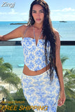 Scenery Print Halter Slit Bandage Draped Bodice Crop Top Dress 2 Pieces Set 2023 Summer Outfits Streetwear Party