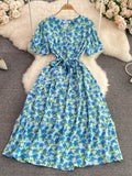 Women Floral Printed Midi Dress Vintage V-Neck Short Sleeve High Waist A-Line Casual Vestidos Female 2023 New