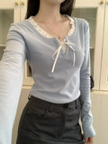 Lace Trim Front Tie Long Sleeve Tee-Outfit