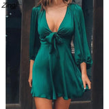 Women's Mini Satin Puff Sleeve Plunge Tie Front Dress Solid Bow Summer Spring Party Casual Chic Sexy V Neck