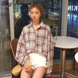 Women Classic Long Plaid Vintage Simple Student Korean Style Womens Shirts All-match Casual Soft Harajuku Fashion