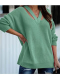 Solid Women Knitted Sweaters Casual V Neck Long Sleeve Pullover Tops Autumn Winter Ladies Loose Knitwear