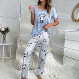 Women's Home Dress Round Collar Short-Sleeved Trousers Suit Milk Silk Cartoon Spring And Summer New