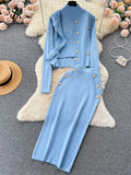 Winter Fashion Knitted Suits Women Slim Knit Vest+Elastic Long Skirt+Warm Cardigans 2025 OL Sweater Three Pieces Sets 211-1-Outfit