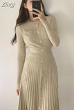 Korean Casual Knitting Midi Dresses for Women Buttons Knitted Sweater Dress Elegant Pleated Femme Autumn Winter