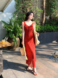 Xixi 2025 Summer New Korean Version Of High-Waisted Vacation Sling Dress V-Neck Print Pure Desire Skirt