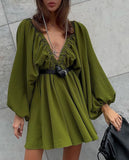 Autumn Women's Skirt Lantern Sleeve V Collar Sexy Temperament High-End French Retro