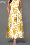 Boho Long Dresses Women Elegant Sleeveless Casual Floral Print Beach Party Maxi