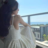 Woman Casual Solid Backless Sleeveless All-match A-line Trendy Korean Style Elegant Mid-calf Summer Sweet Ins Simple