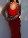 Elegant Women Sleeveless Strap Ruffle Sling Long Dress 2023 V-neck Summer Beach Side Split Party Evening Vestido
