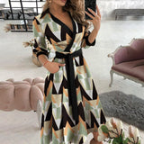 Women's Fashion Print Long-Sleeved V-Neck Bag-Groomed Commuting Dress