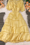 Women Beading Party Dress Vintage V-Neck Short Puff Sleeve High Waist Ruffle Draped Robe Vacation Beach Vestidos 2023