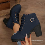 High-Heeled Side Zipper Martin Boots Women's Singles Belt Buckle And Short Boots Round Head Tie And Bare