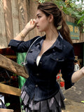 Style Personality Hottie Work Clothes Imitation Denim Shirt V-Word Collar Three Buckle Cardigan Casual