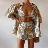 Spot Spring 2025 New Women's Fashion Printed Shirt Sling Vest Shorts Three-Piece