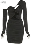 Sexy Black Hollow Out Pleat Mini Dress for Women Fashion Long Sleeves Stretchy Slim Dress Midnight Party Clubwear