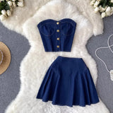 Zingj Cool Hot Girl Suit Skirt Female Summer Short Jeans Strapless Vest Top Two Set High Waist A-Line