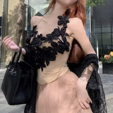 Niche T-Up Jacket 2025 Autumn And Winter Yarn Mesh Splicing Three-Dimensional Flower Strip Slings Small Vest