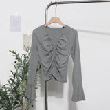 Real Shooting 2024 Autumn Dress Sexy V-Neck Folded Open Fork Short High-Waisted T-Shirt Horn Long Sleeve Bottom Top