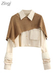 Fashion Women Two Pieces Sets Long Sleeve Short Blouse Shirt + Solid Knitted Pullover Crop Shawl Sweater Female