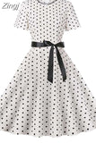White Polka Dot Vintage Dress Summer Women Floral Print Short Sleeve Retro Robe Rockabilly Dresses Party