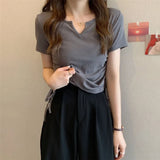 Zingj Sense V-Neck Draw Rope Slim Pure Desire Wind Short Sleeve T-Shirt Women's Wear 2024 Summer New Solid Color Student Jacket