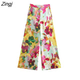 Women Vintage Ink Painting Floral Print Casual Wide Leg Pants Female Chic Zipper Fly Long Trousers Pantalones Mujer