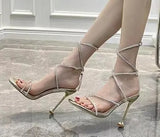 Zingj Summer New Square Head Rhinestone Sandal Fine Heel Open-Toe High Heels Crystal Sexy One Word With Roman
