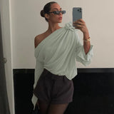 Zingj 2023 New Women's Sexy Fashion Street Hot Girls Diagonal Shoulder Chiffon Slim T-Shirt Top