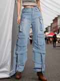 Zingj 2024 New Street Hipster Multi-Pocket Decoration Ribbon Design Sense Jeans Women's Hollow Out Cargo