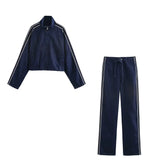 Women's INS Explosion Fashion Casual Splicing Striped With Denim Jacket + Trousers
