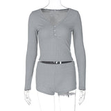 Zingj Women's Sexy Low Cut V-Neck Tight Long Sleeve Top Fashion Sporty Short Shorts Two-Piece