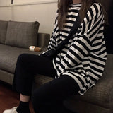 Zingj 2024 New Ins Tide Black And White Stripes Early Autumn Loose Long-Sleeved T-Shirt Schoolgirl