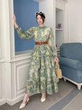Collar Mesh Long-Sleeved Lotus Leaf-Side Print Waist-Ponded Tidal Dress Women's Spring And Autumn Lantern Cuff Cake
