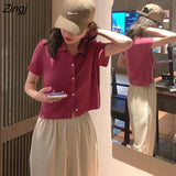 Women T-shirts Summer Solid Simple Trendy Korean Style Knitted Short Sleeve Turn-down Collar Single Breasted All-match
