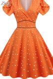 60s 50s Big Swing Summer Dress Women Causal Robe Midi Pin-Up Tunic Sundress Short Sleeve V Neck Party