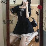 Black Kate Middleton Dress Summer High Waist Puff Sleeve Lace Ruffles Princess Lolita Dresse Japanese Harajuku Bad