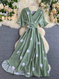 Women Polka Dot Midi Dress Vintage V-Neck Short Flare Sleeve Bandage A-Line Vestidos Female Casual Robe New