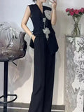 Sets Of 2025 Autumn And Winter New Sleeveless Nail Drill Flower Top High Waist Broad Leg Trousers Set
