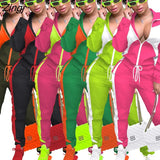 Casaul Women Sportsuit Two Piece Set Drawstring Color Patchwork Jacket Coat + Long Pants Clothes For Women