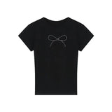 Zingj Summer Hot Girls Short Sleeve T-Shirt Women's Crop Black Bow Hot Diamond Slim Short Top