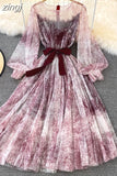 Mesh Printed Dress Women Spring Autumn Round Neck Puff Long Sleeve Ink Pattern A-Line Big Swing Vestidos Female 2023
