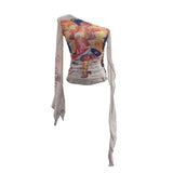 One-Shoulder Horn Long-Sleeved Mesh Yarn-Print T-Shirt With Short Tight Top
