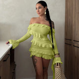 Autumn Women's New Fashion Long-Sleeved Horn Sleeves Shoulder Lotus Leaf Side Ribbon