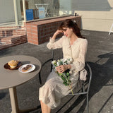 Lace Long Sleeve Midi Dress Winter White Women V-neck Korean Dress Spring One-piece Evening Lady Party Fairy Dress