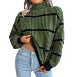 Shooting 2025 Autumn And Winter Casual Striped Lantern Sleeve Half-High Collar Knitted Sweater Women's