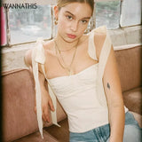 Spaghetti Strap Slash Neck Chiffon Camisole Women Sleevesless Casual Camisole Ruffles Backless BOW Bandage Crop
