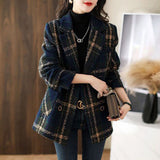 Autumn And Winter New Fashion Korean Loose Thin Retro Lattice Splicing Hundred Suit Collar Hair Coat